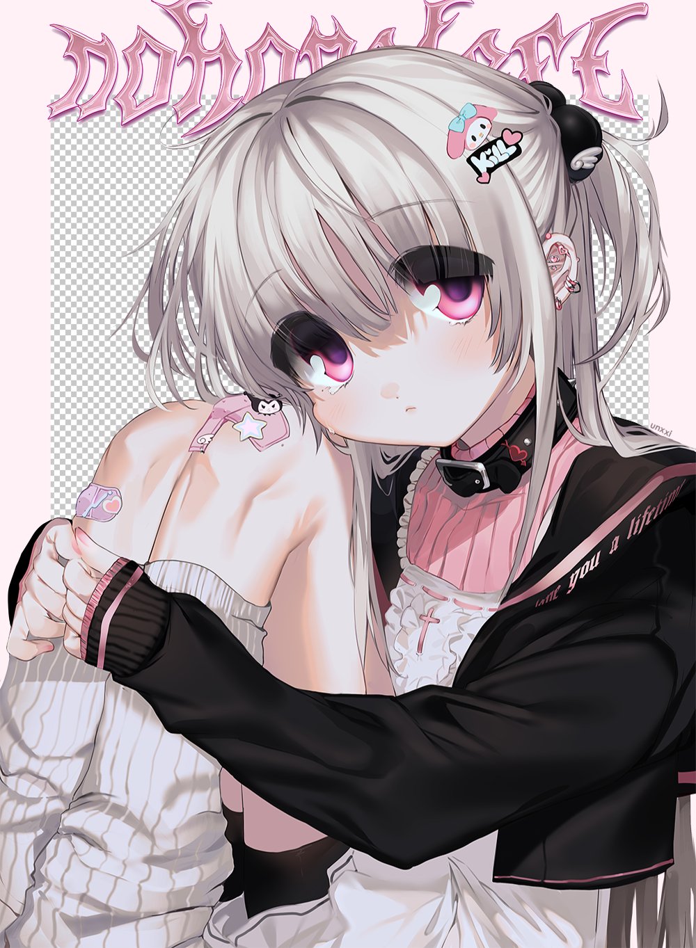 1girl, bad_id, bad_twitter_id, bandaid, bandaid_on_knee, bangs, black_jacket, blunt_bangs