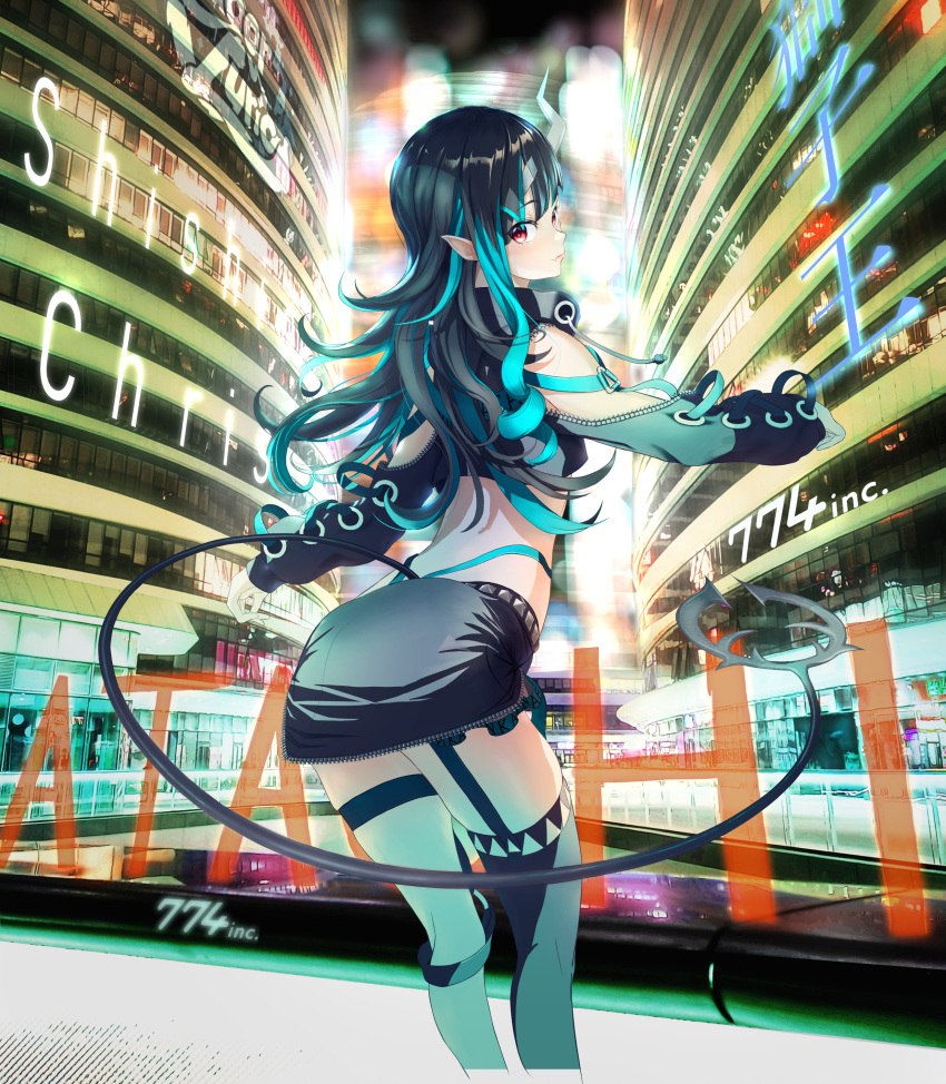 1girl, 774_inc., absurdres, bangs, belt, black_hair, black_jacket, black_legwear, black_skirt, blue_belt, blue_hair, botan_(oacdrykafjf3g3d), building, character_name, city, closed_mouth, clothing_cutout, commentary_request, cropped_jacket, cross-laced_sleeves, cyberpunk, demon_girl, demon_horns, demon_tail, feet_out_of_frame, garter_straps, highres, horns, jacket, long_hair, long_sleeves, looking_at_viewer, looking_back, multicolored_hair, pointy_ears, red_eyes, shishio_chris, shoulder_cutout, single_thighhigh, skirt, skyscraper, solo, sugar_lyric, tail, thigh-highs, two-tone_hair, virtual_youtuber, zipper_skirt