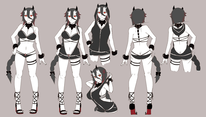 1girl, abyssal_ship, ass, bikini, black_bikini, black_hair, black_hoodie, braid