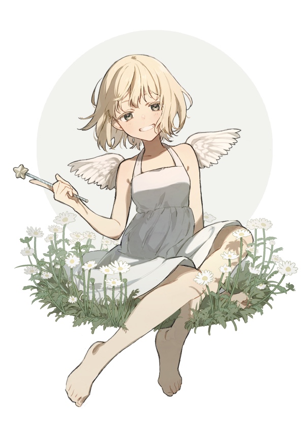 1girl, bare_arms, barefoot, blonde_hair, brown_eyes, collarbone, commentary, dress