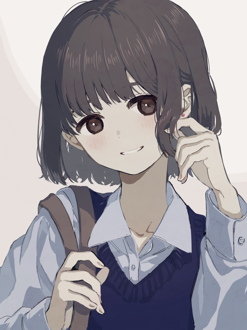 1girl, blue_sweater_vest, brown_eyes, brown_hair, collared_shirt, commentary, earrings, grey_background
