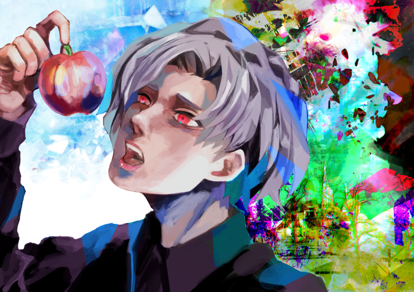 1girl, absurdres, bangs, black_shirt, blue_background, collared_shirt, green_background, grey_hair
