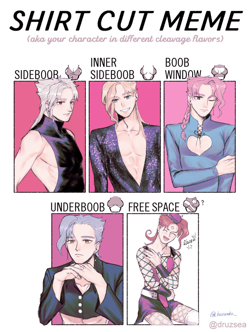 1boy, ^_^, abs, alternate_eye_color, alternate_hair_color, alternate_hair_length, alternate_hairstyle, angry, artist_name, blonde_hair, blue_eyes, blue_hair, braid, buttons, cleavage_cutout, closed_eyes, clothing_cutout, collarbone, cosplay, earrings, eyebrows_visible_through_hair, eyes_visible_through_hair, fishnets, hand_on_own_arm, head_rest, head_tilt, highres, jewelry, jojo_no_kimyou_na_bouken, jyammi, kakyoin_noriaki, long_sleeves, male_focus, meme, muscular, muscular_male, narciso_anasui, narciso_anasui_(cosplay), one_eye_closed, pectoral_cleavage, pectorals, pink_hair, red_eyes, redhead, shirt_cut_(meme), sidepec, sideways_glance, sleeveless, smile, stardust_crusaders, thai_commentary, thai_text, turtleneck, twitter_username, violet_eyes, yellow_eyes