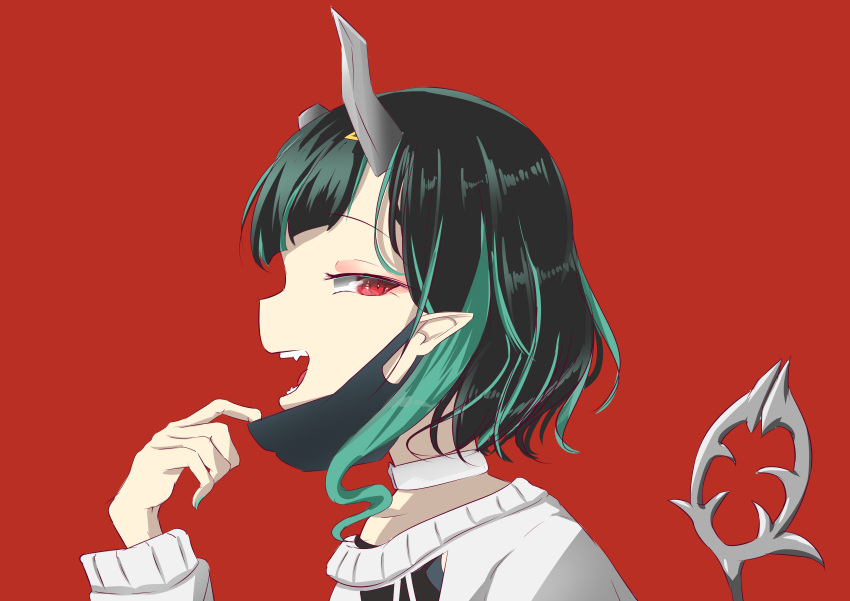 1girl, absurdres, bangs, black_hair, blue_hair, demon_girl, demon_horns, demon_tail