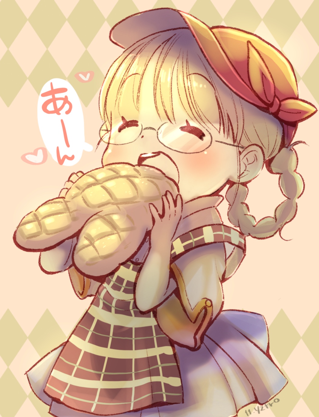 1girl, ^_^, apron, bangs, blonde_hair, blunt_bangs, blush, bread