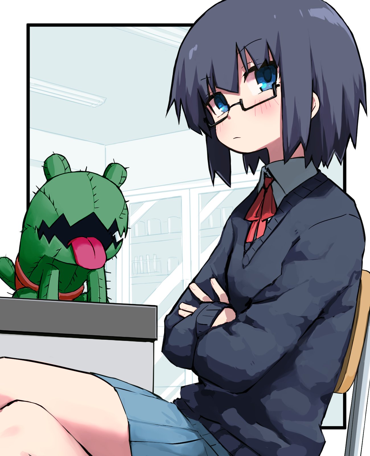 1girl, black-framed_eyewear, black_hair, blue_eyes, blue_skirt, character_request, copyright_request, crossed_arms