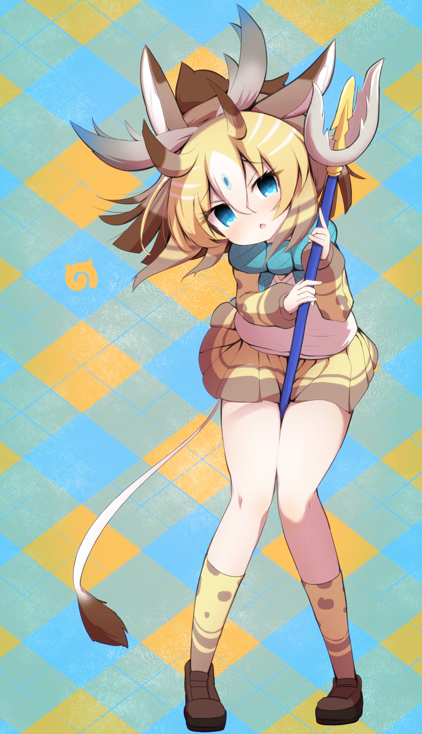 1girl, absurdres, blonde_hair, blue_eyes, eyebrows_visible_through_hair, highres, holding_trident, horns, japari_symbol, karekusa_meronu, kemono_friends, looking_at_viewer, multicolored_hair, parted_lips, polearm, short_hair, sivatherium_(kemono_friends), socks, solo, tail, trident, weapon, white_hair