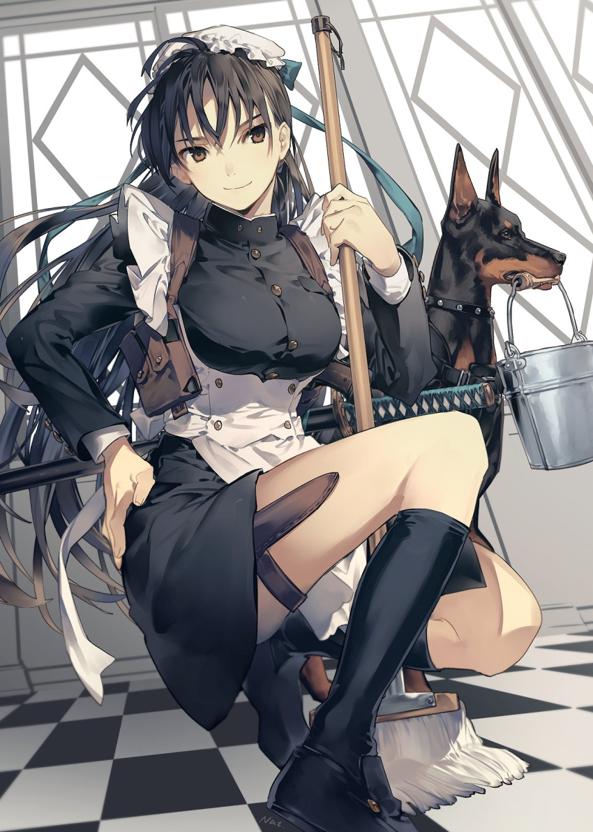 animal, apron, bangs, black_dress, black_footwear, black_hair, black_legwear, blue_ribbon, breasts, brown_eyes, bucket, checkered, checkered_floor, commentary_request, dog, dress, hair_ribbon, hand_on_hip, hat, highres, holding, holster, katana, kneehighs, long_hair, long_sleeves, maid, maid_apron, mob_cap, mop, mouth_hold, nat_latework, original, ribbon, shoes, shoulder_holster, sideways_glance, smile, squatting, sword, thigh_holster, very_long_hair, weapon, weapon_case, window