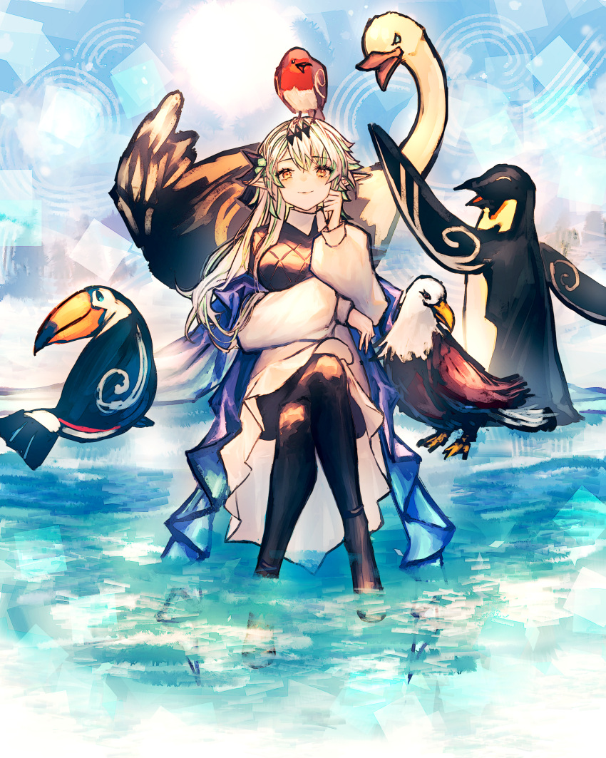 1girl, absurdres, animal_on_head, bald_eagle, bird, bird_on_head, blonde_hair, breasts