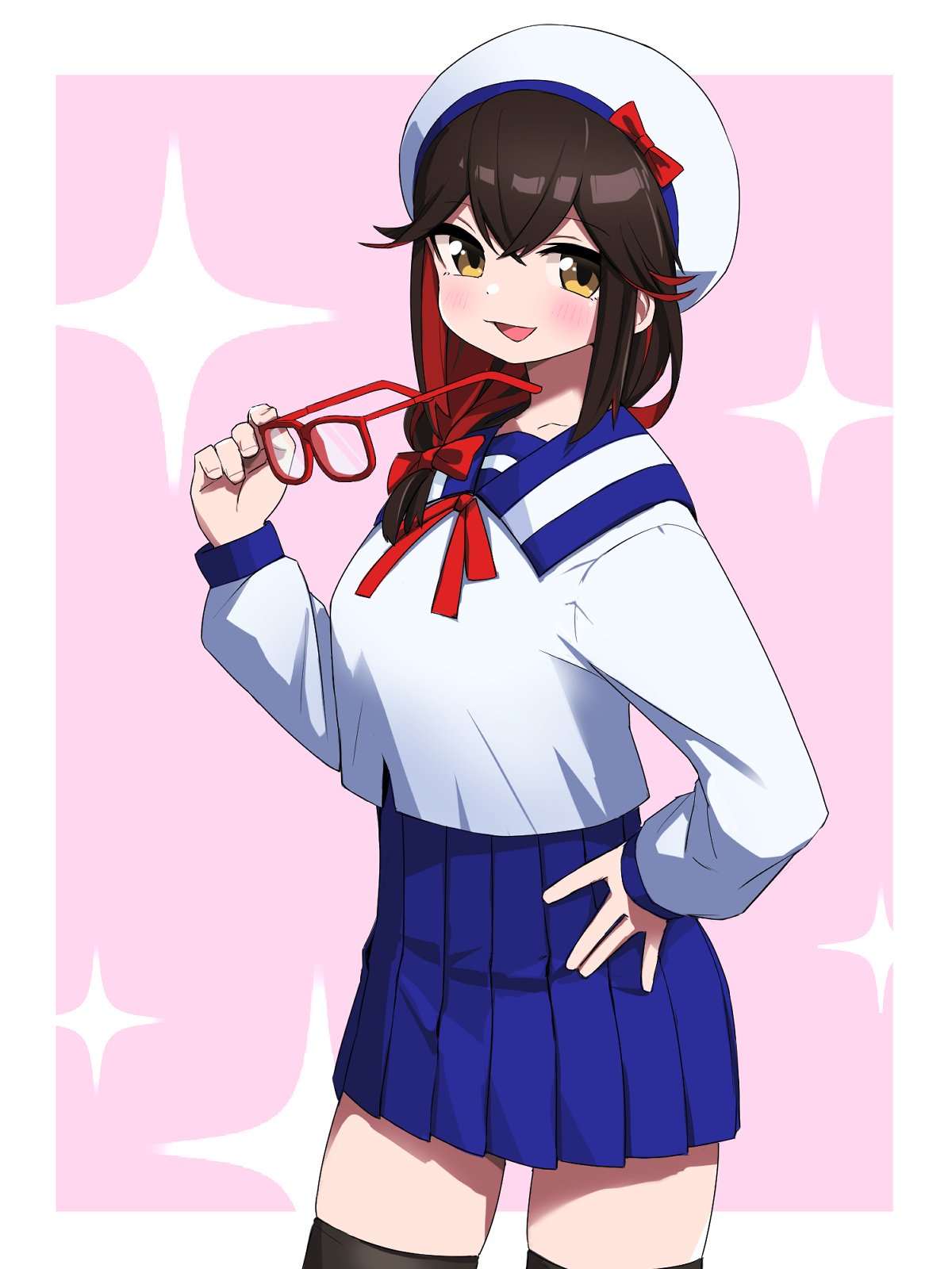 1girl, black_legwear, blue_skirt, blush, bow, breasts, brown_eyes, brown_hair