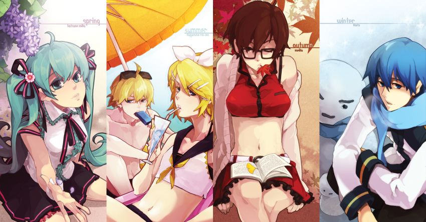 aqua_hair, autumn, beach, bespectacled, blonde_hair, blue_eyes, blue_hair, book