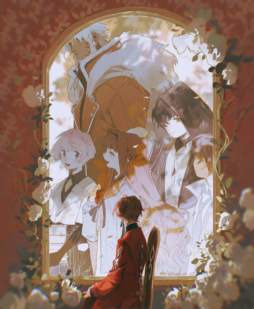 1boy, :d, ^_^, absurdres, bangs, blurry, book, book_stack, braid, brown_hair, chair, character_request, closed_eyes, commander_(forever_7th_capital), dark-skinned_male, dark_skin, depth_of_field, dizi930, facing_away, female_commander_(forever_7th_capital), flower, forever_7th_capital, from_side, fur_trim, hair_over_one_eye, hair_ribbon, half_updo, highres, hood, hood_up, long_hair, long_sleeves, looking_at_another, necktie, one_eye_covered, painting_(object), pink_hair, plant, profile, rahulk_(forever_7th_capital), red_robe, ribbon, short_hair, side_braid, sitting, smile, solo, vines, walking, white_flower, white_hair