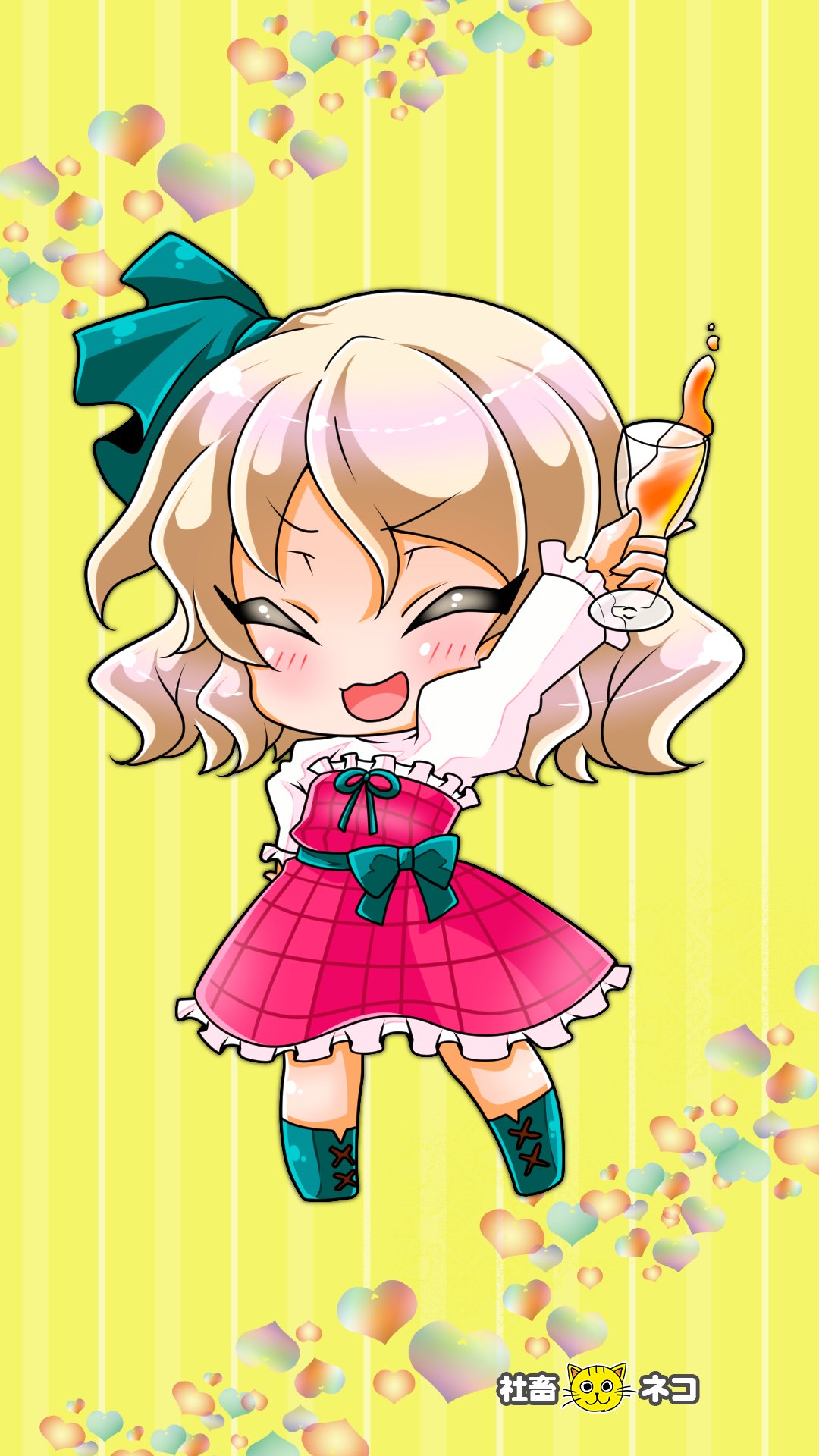 1girl, alcohol, beer, beerko, blush, bow, chibi, closed_eyes