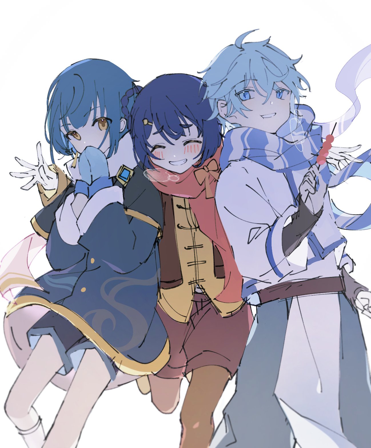 1girl, 2boys, alternate_costume, arm_around_shoulder, backlighting, bangs, bare_legs, black_gloves