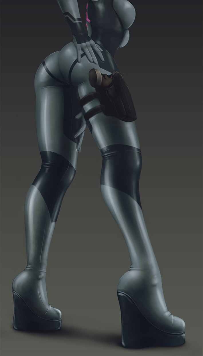 1girl, ass, blue_bodysuit, bodysuit, breasts, from_side, grey_background, gun
