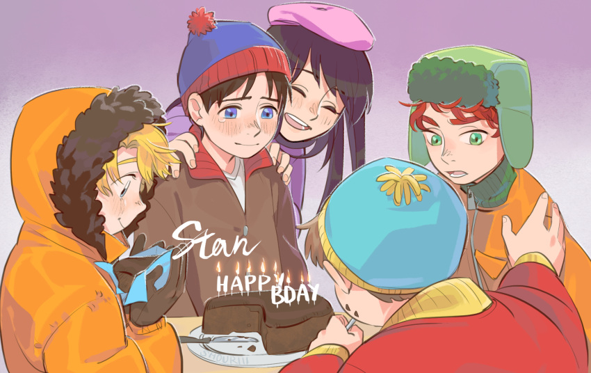 1girl, 4boys, beanie, beret, birthday, birthday_cake, birthday_party, black_hair