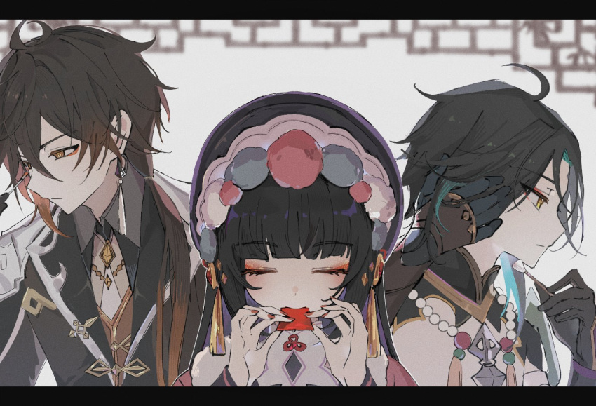 1girl, 2boys, ahoge, applying_makeup, bangs, bead_necklace, beads, black_gloves