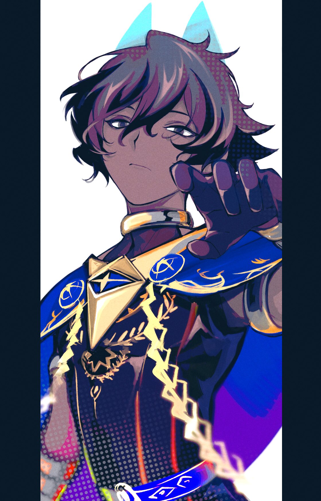 1boy, arjuna_(fate), arjuna_alter_(fate), armlet, bangs, black_border, black_gloves, black_hair