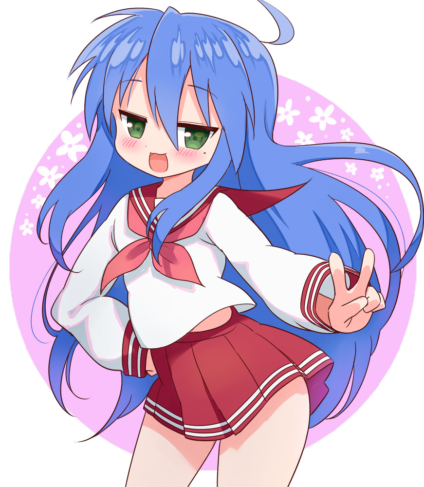 1girl, :3, :d, ahoge, bangs, blouse, blue_hair, double_horizontal_stripe, eyebrows_visible_through_hair, green_eyes, hand_on_hip, izumi_konata, kemu_(guruguru_dan), long_hair, long_sleeves, lucky_star, midriff_peek, miniskirt, mole, mole_under_eye, neckerchief, pleated_skirt, red_sailor_collar, red_skirt, ryouou_school_uniform, sailor_collar, school_uniform, serafuku, skirt, smile, solo, v, very_long_hair, white_blouse