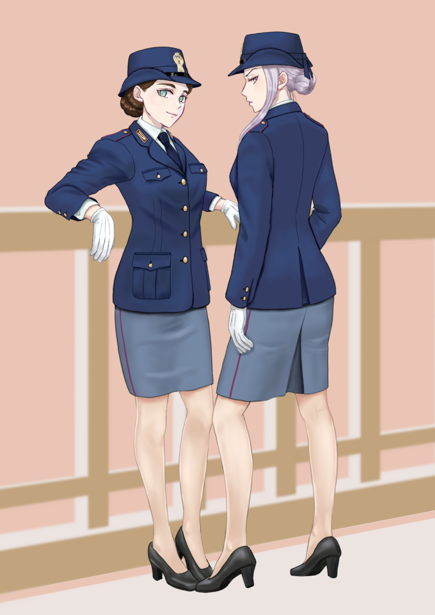 2girls, brown_hair, gloves, hat, high_heels, highres, italian_text, italy