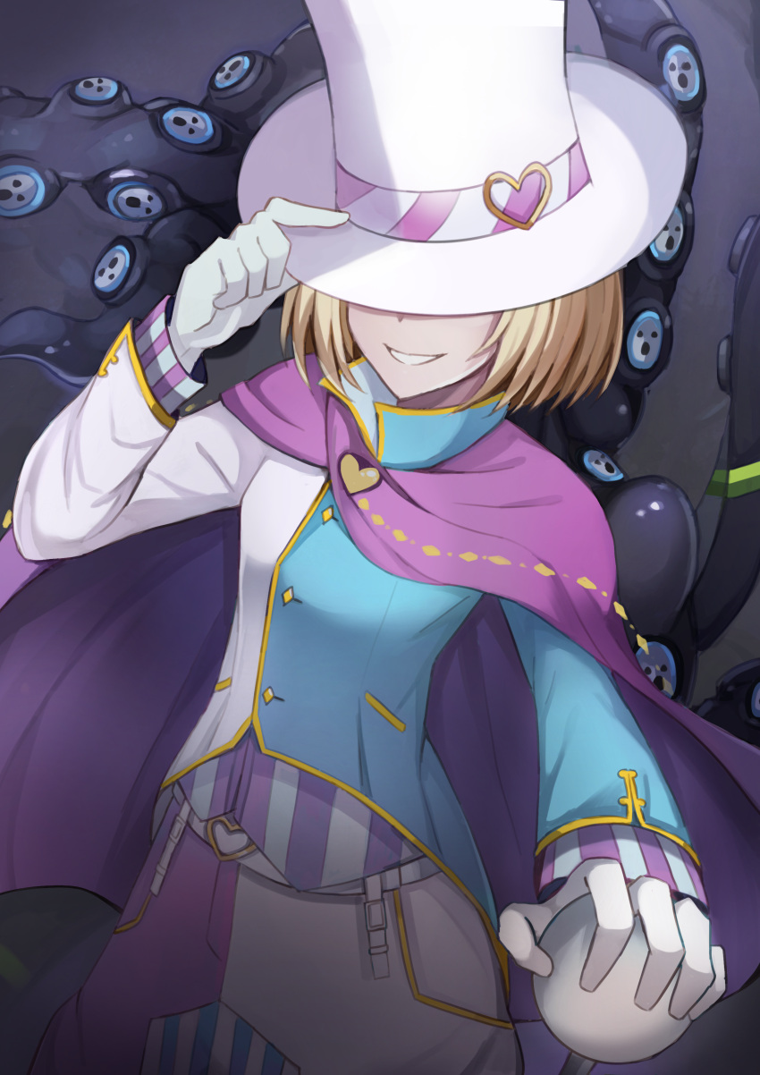 1boy, absurdres, akiba's_beat, blonde_hair, cape, evil_smile, hat, heart