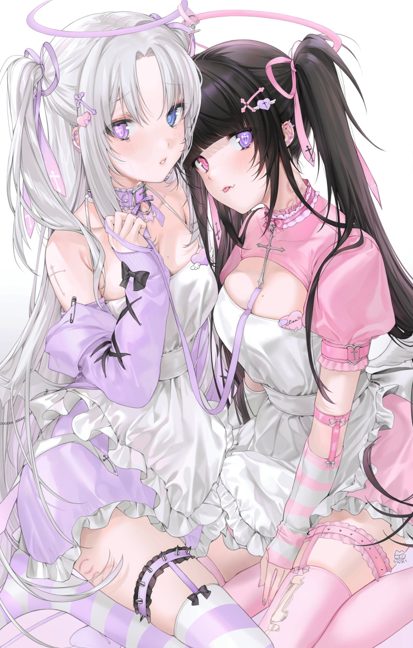 2girls, absurdres, angel_wings, apron, arm_warmers, bangs, barefoot, bite_mark, black_hair, blue_eyes, breasts, character_name, cleavage_cutout, clothing_cutout, cross-laced_clothes, cross_fleury, crying, crying_with_eyes_open, demon_wings, dress, ear_piercing, eliza_(unxi), fang, frilled_apron, frilled_dress, frills, halo, heterochromia, highres, hime_cut, holding, holding_leash, jacket, jacket_partially_removed, large_breasts, leash, long_hair, mole, mole_on_breast, multiple_girls, original, over-kneehighs, parted_bangs, piercing, pink_dress, pink_eyes, pink_legwear, pink_ribbon, puffy_short_sleeves, puffy_sleeves, purple_dress, purple_jacket, purple_legwear, purple_ribbon, ribbon, short_sleeves, silver_hair, skin_fang, striped, striped_legwear, tears, thigh-highs, tongue, tongue_out, twintails, two_side_up, unxi, vega_(unxi), very_long_hair, violet_eyes, waist_apron, white_legwear, wings