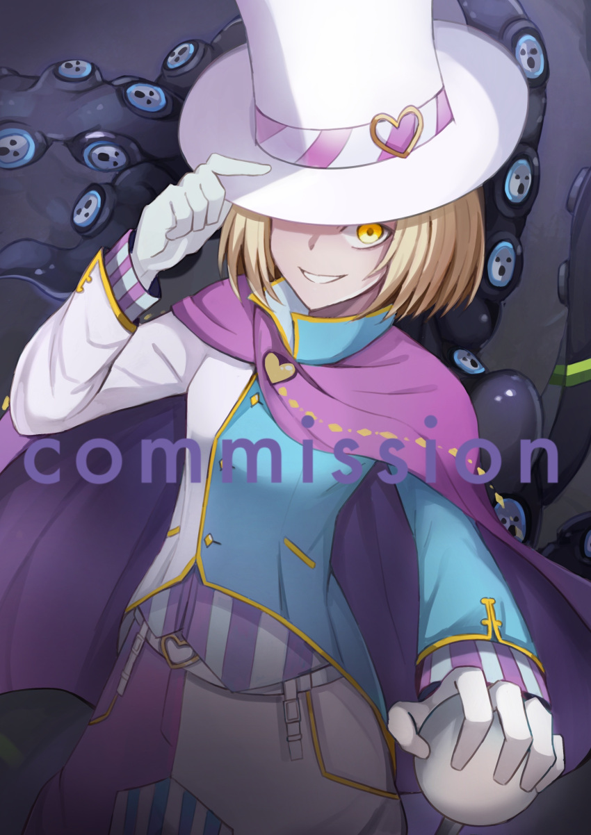 1boy, absurdres, akiba's_beat, blonde_hair, cape, evil_smile, hat, heart, heart_necklace, highres, holding, holding_clothes, holding_hat, kanon_(akiba's_beat), namakisama, nyarlathotep_(persona_2), persona, persona_2, pink_cape, short_hair, smile, tentacles, white_headwear