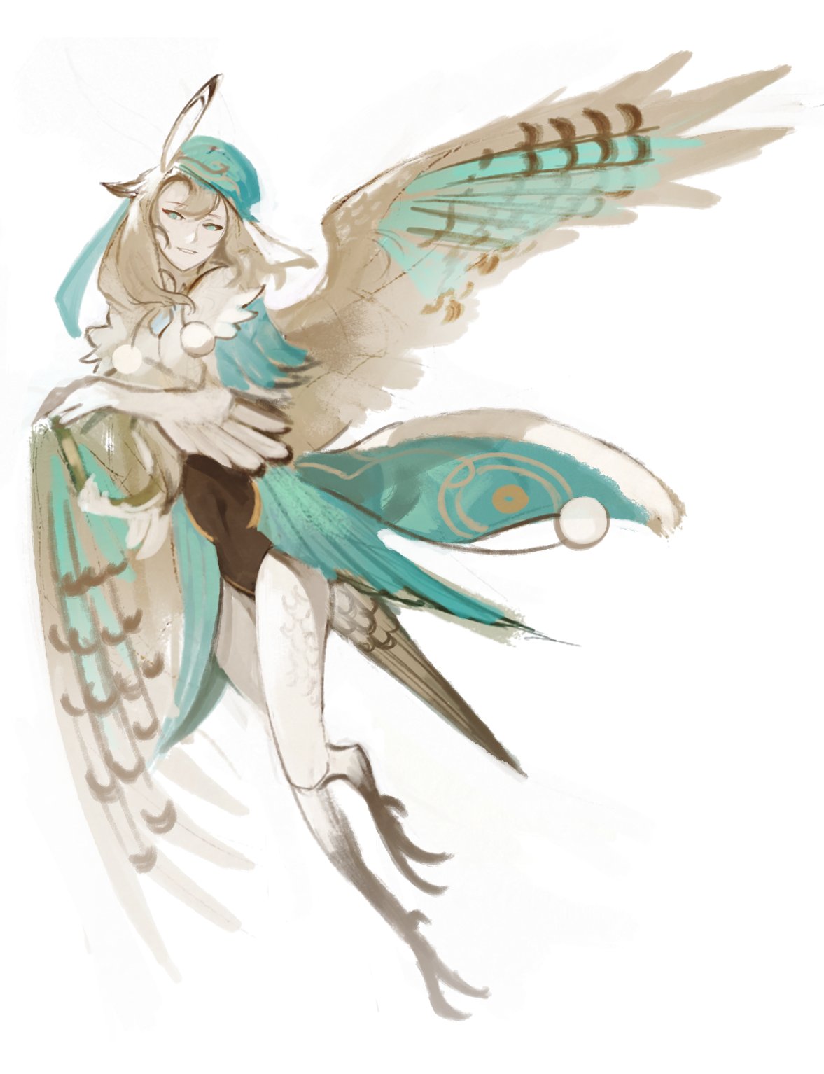 1girl, bird_legs, blue_eyes, blue_feathers, blue_headwear, blue_wings, feathers, harp