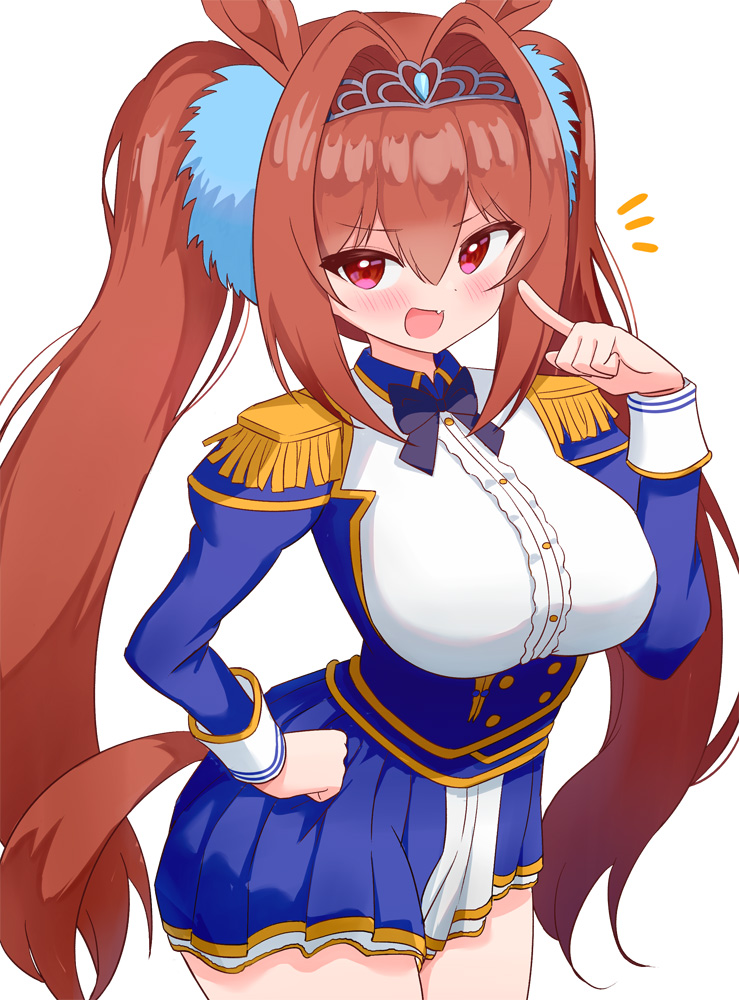 1girl, animal_ears, bangs, blue_shirt, blue_skirt, bow, bowtie, breasts