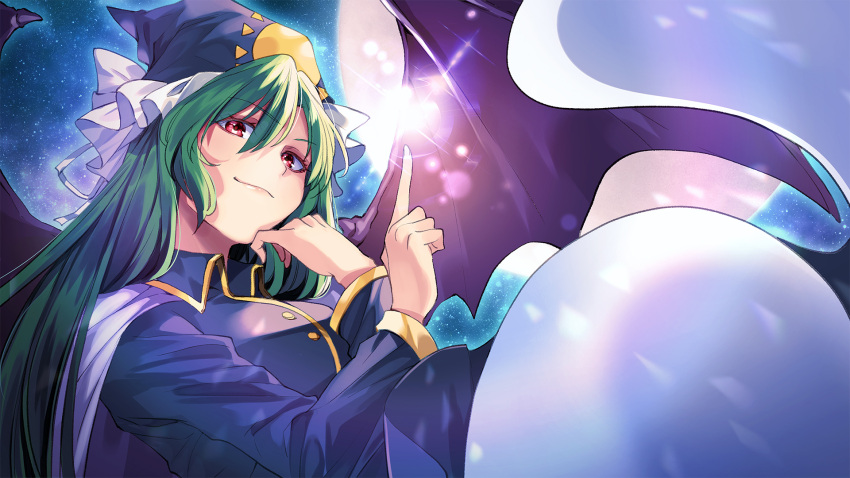 1girl, blue_dress, blue_headwear, breasts, cape, collared_dress, commentary_request, demon_wings