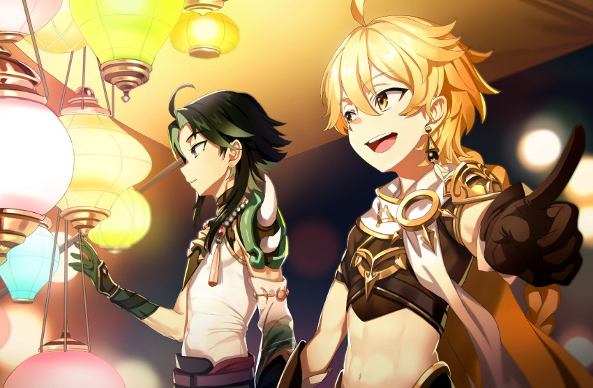 2boys, aether_(genshin_impact), bishounen, blonde_hair, bob_(bab67ii), commentary_request, eyebrows_visible_through_hair, genshin_impact