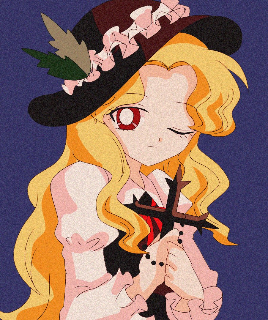 1980s_(style), 1girl, bangs, blonde_hair, blue_background, brown_headwear, brown_vest, collared_shirt, cross, eyebrows_visible_through_hair, eyelashes, frilled_hat, frills, hanadi_detazo, hat, hat_feather, holding, holding_cross, jacket_girl_(dipp), juliet_sleeves, long_hair, long_sleeves, one_eye_closed, parted_bangs, puffy_sleeves, red_eyes, red_neckwear, red_ribbon, retro_artstyle, ribbon, shirt, simple_background, touhou, very_long_hair, vest, wavy_hair, white_shirt