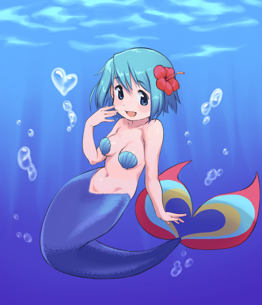 1girl, air_bubble, blue_eyes, blue_hair, breasts, bubble, flower, gloamy