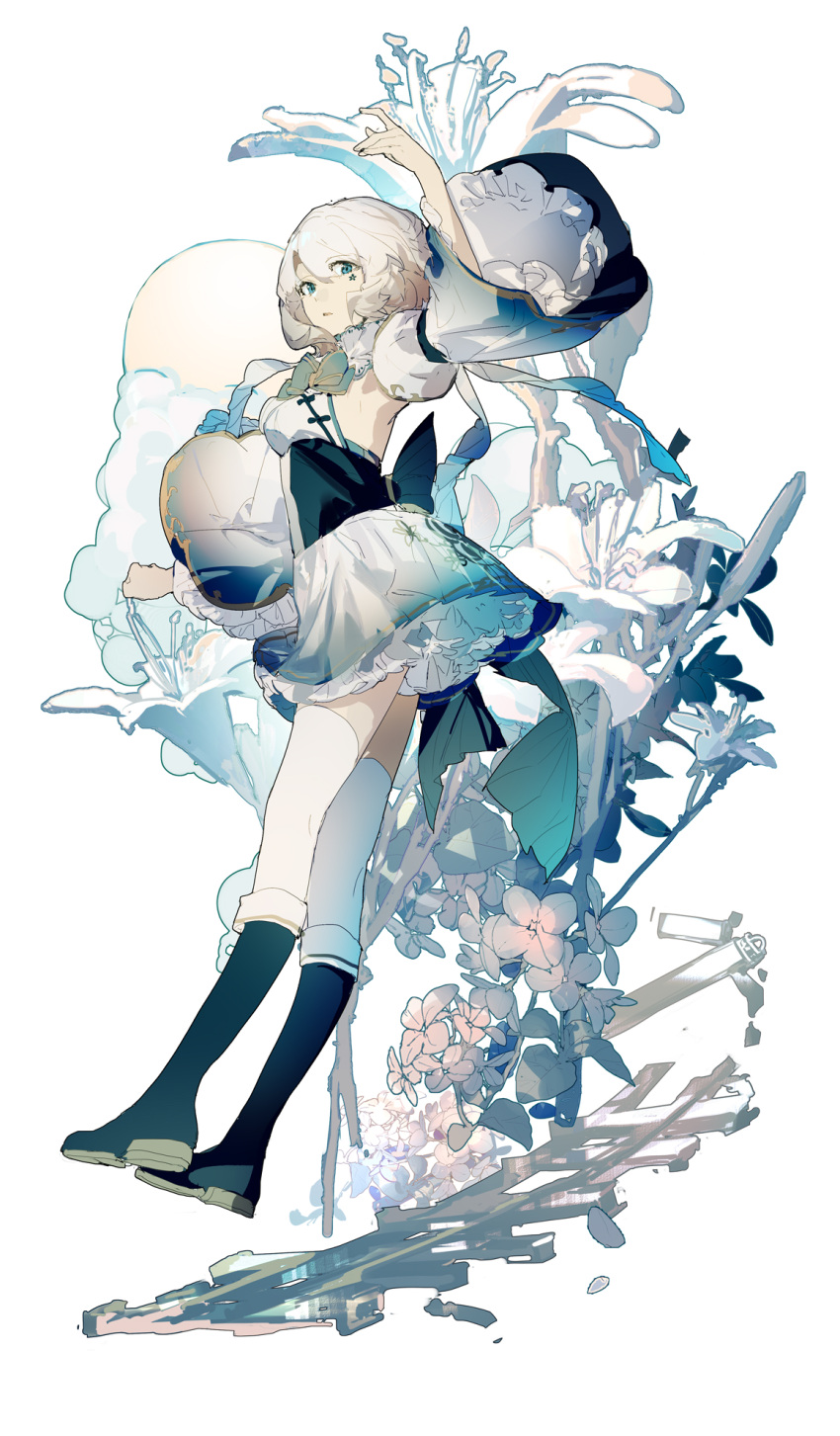 1girl, arm_up, black_footwear, blue_bow, blue_bowtie, blue_eyes, boots, bow, bowtie, commentary, detached_sleeves, dress, flower, flower_facial_mark, full_body, highres, knee_boots, lobelia_(saclia), long_sleeves, looking_at_viewer, midair, original, oversized_flowers, parted_lips, petticoat, short_hair, simple_background, solo, thigh-highs, white_background, white_dress, white_flower, white_hair, white_legwear, white_sleeves