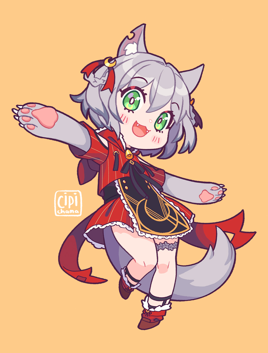 1girl, animal_ears, animal_hands, ankle_strap, apron, bell, black_apron, boots
