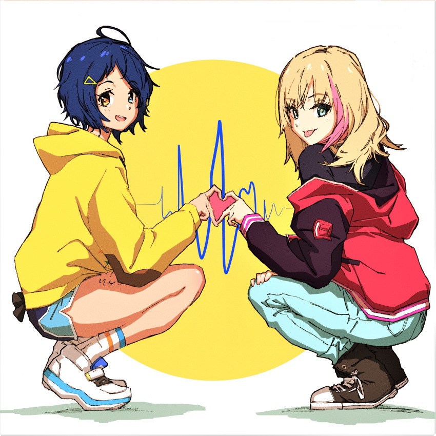 2girls, :p, absurdres, bloom_into_me15, converse, denim, heart, heart_hands