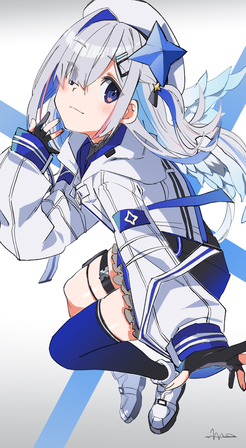 1girl, absurdres, amane_kanata, angel, angel_wings, asymmetrical_bangs, asymmetrical_hair, asymmetrical_legwear
