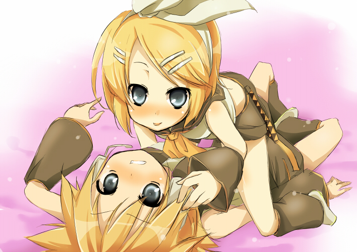 1girl, blonde_hair, blush, couple, girl_on_top, hair_ornament, hair_ribbon, hairclip