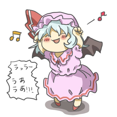 1girl, bat_wings, blush_stickers, caramelldansen, chibi, dancing, dress, hat