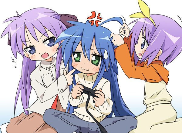 3girls, blue_hair, controller, finger_to_another's_cheek, green_eyes, hiiragi_kagami, hiiragi_tsukasa, ixy, izumi_konata, lucky_star, multiple_girls, playing, purple_hair, siblings, sisters, video_game