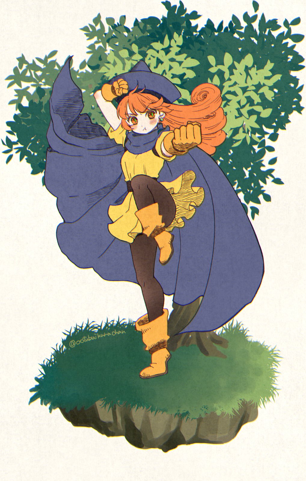 alena_(dq4), angry, black_legwear, boots, brown_eyes, cape, curly_hair, dragon_quest, dragon_quest_iv, dress, earrings, full_body, gloves, hat, highres, jewelry, kicking, long_hair, orange_hair, outsuba_itaru, pantyhose, pointy_hat, yellow_dress, yellow_gloves