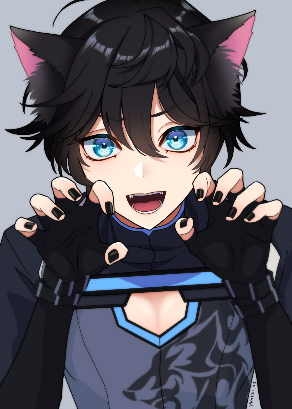 1boy, animal_ears, axia_krone, black_hair, black_nails, blue_eyes, cat_ears, eyebrows_visible_through_hair
