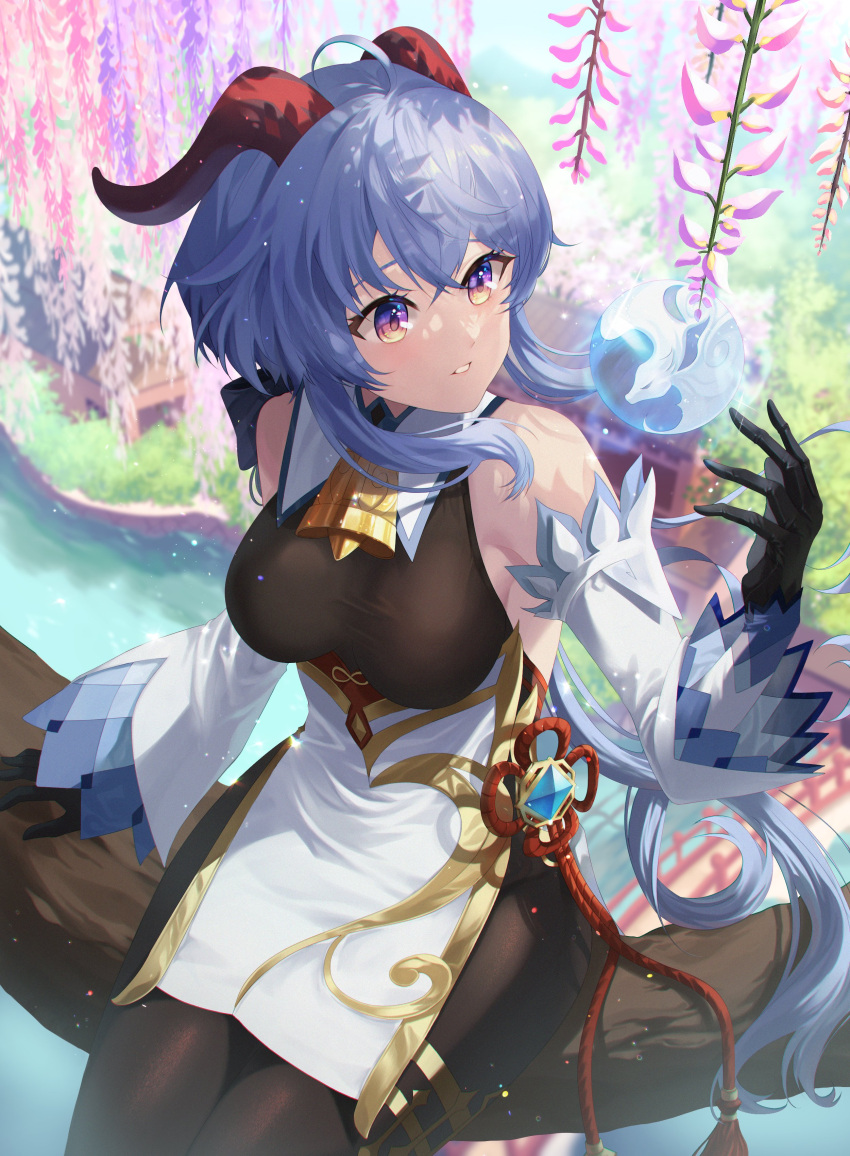 absurdres, ahoge, bangs, bare_shoulders, bell, black_gloves, black_legwear, blue_hair