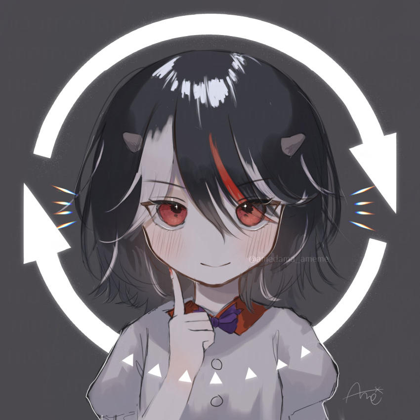 1girl, amedama_ameme, arrow_(symbol), black_hair, blush, closed_mouth, eyebrows_visible_through_hair, face