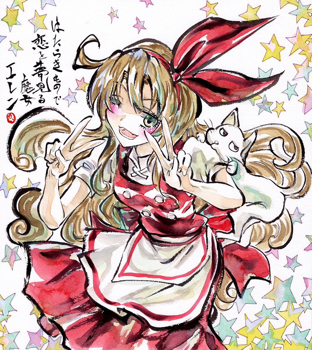 1girl, apron, back_bow, bangs, blonde_hair, bow, buttons, cat