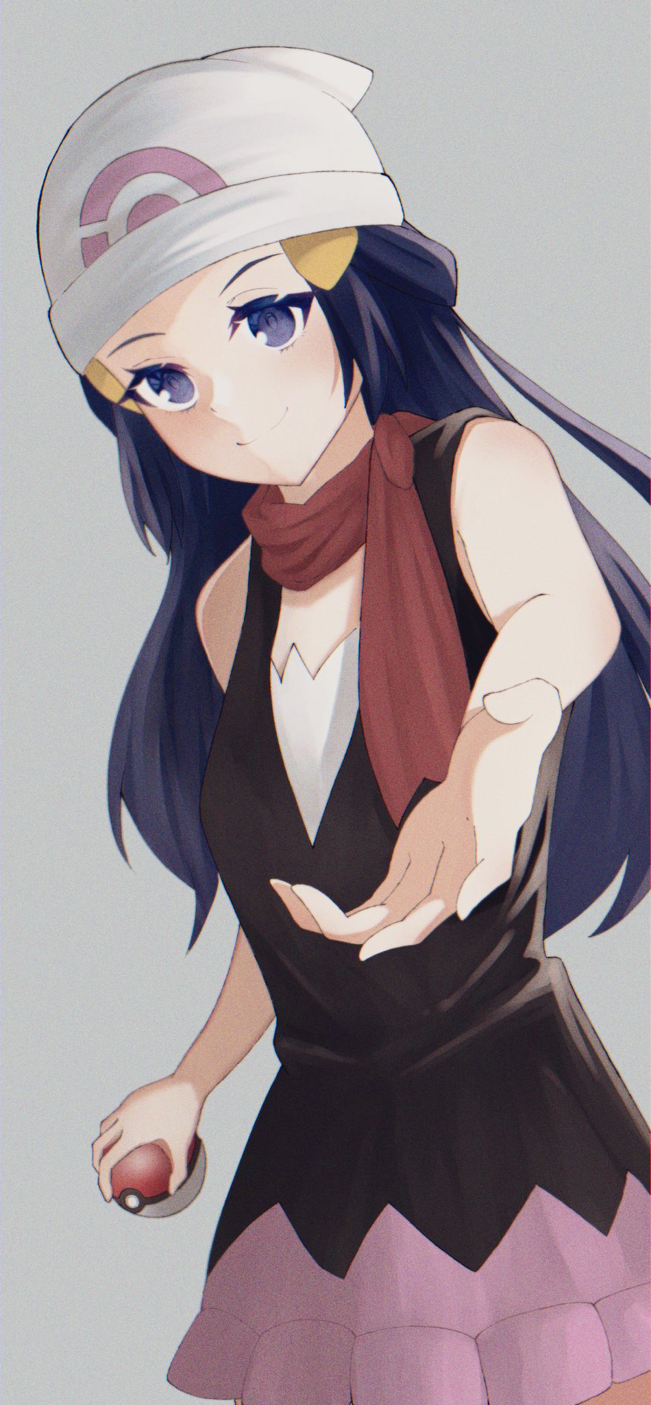 1girl, asukake_project, black_shirt, blue_eyes, blue_hair, closed_mouth, cowboy_shot, grey_background, hair_ornament, hairclip, hat, highres, hikari_(pokemon), holding, holding_poke_ball, long_hair, miniskirt, pink_skirt, poke_ball, pokemon, pokemon_(game), pokemon_dppt, red_scarf, scarf, shirt, skirt, sleeveless, sleeveless_shirt, smile, solo, standing, white_headwear