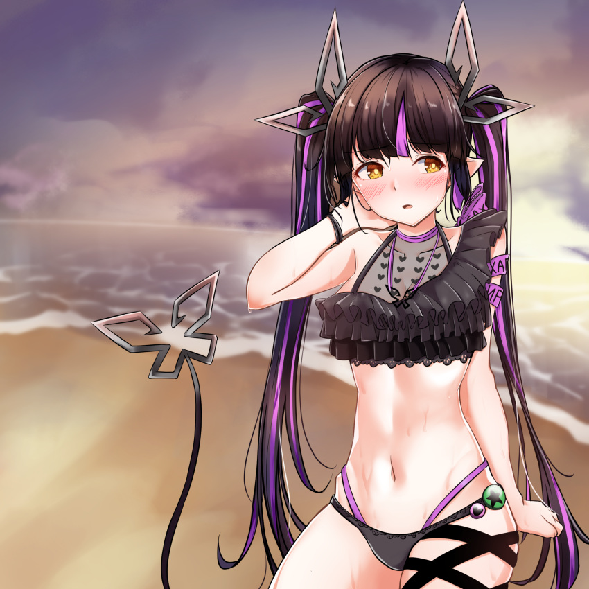 1girl, alternate_costume, bangs, beach, bikini, black_bikini, black_hair, blurry, blurry_background, blush, breasts, clouds, commentary_request, contrapposto, cowboy_shot, dameyoshi, demon_girl, demon_horns, demon_tail, eyebrows_visible_through_hair, fisheye, frilled_bikini, frills, hand_on_own_neck, heart, highres, horizon, horns, kojo_anna, long_hair, looking_to_the_side, medium_breasts, multicolored_hair, navel, ocean, open_mouth, outdoors, pointy_ears, solo, sugar_lyric, sunset, swimsuit, tail, twintails, two-tone_hair, violet_eyes, virtual_youtuber, water, yellow_eyes