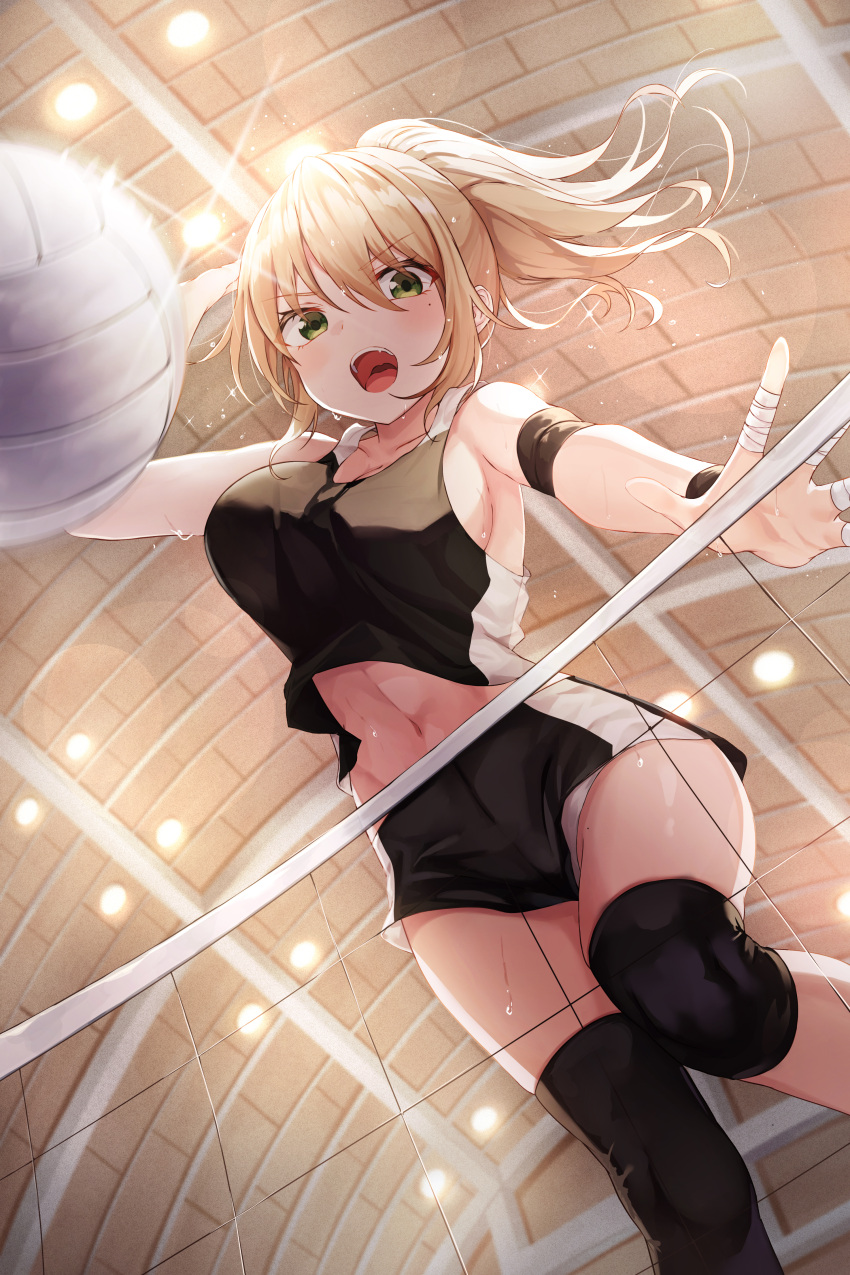 1girl, :o, absurdres, armband, armpits, bandaged_fingers, bandages, bare_arms
