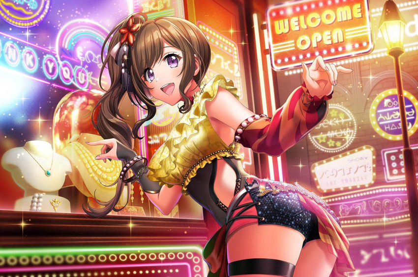 blush, brown_hair, d4dj, long_hair, mizushima_marika, official_art, shirt, smile