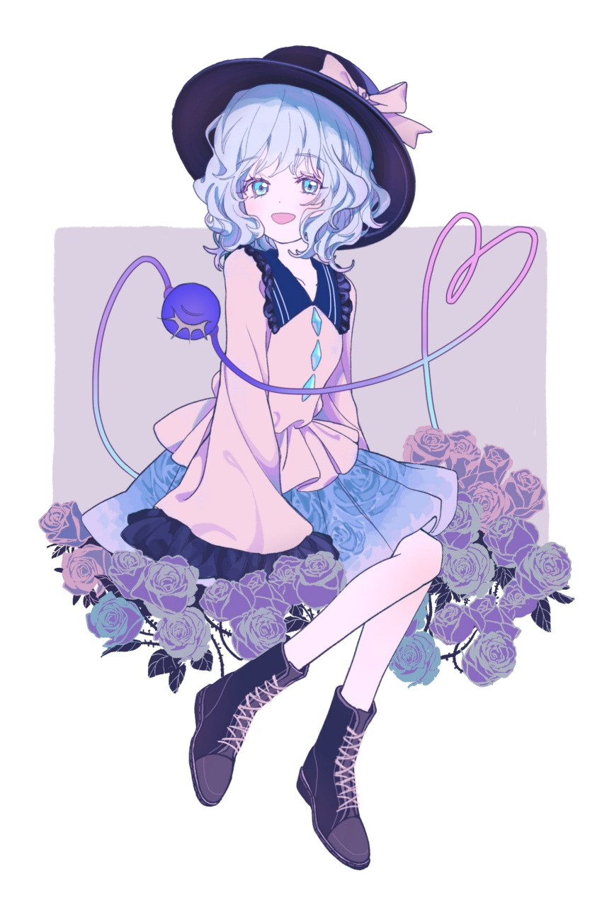 1girl, :d, absurdres, bangs, black_footwear, black_headwear, blouse, blue_eyes, blue_flower, blue_hair, blue_rose, blue_skirt, blush, boots, commentary, diamond_shaped_buttons, dot_nose, eyebrows_visible_through_hair, eyelashes, floral_print, flower, frilled_shirt_collar, frills, full_body, grey_background, hat, heart, heart_of_string, highres, komeiji_koishi, leaf, looking_at_viewer, red_flower, red_rose, ribbon, rinne_2284548611, rose, rose_print, simple_background, skirt, sleeves_past_wrists, smile, solo, third_eye, thorns, touhou, very_long_sleeves, white_background, yellow_blouse, yellow_ribbon
